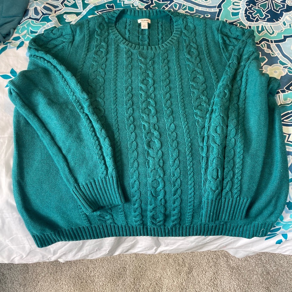 Women's Double L® Mixed-Cable Sweater, Crewneck Teal 2X